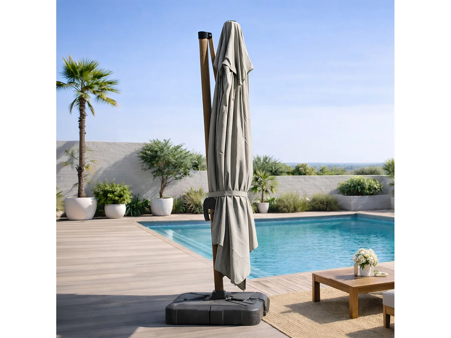 Parasol rectangulaire 3x4m déporté rotatif gris pied effet bois en aluminium CESARE