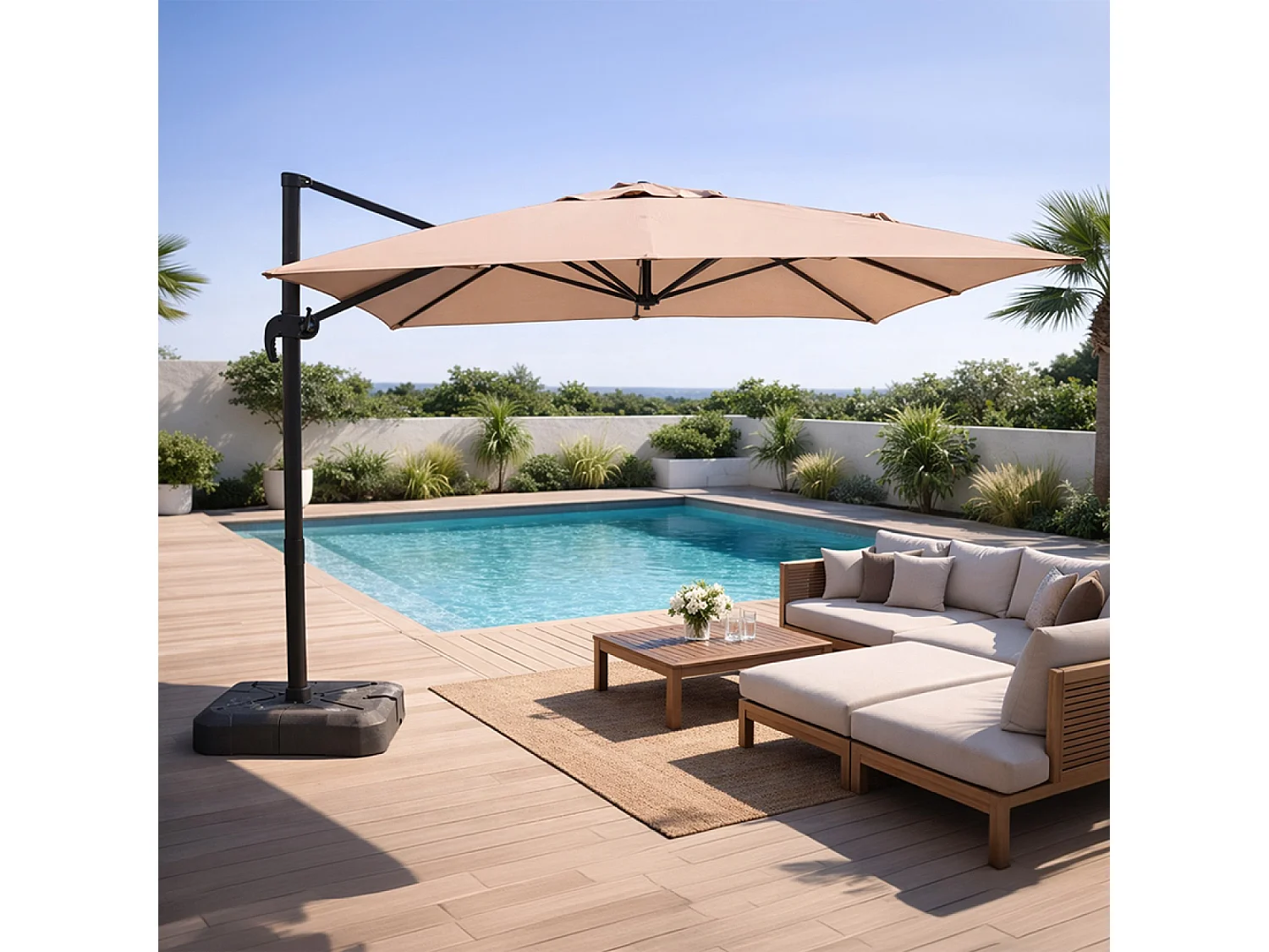 Parasol rectangulaire 3x4m déporté rotatif taupe en aluminium CESARE