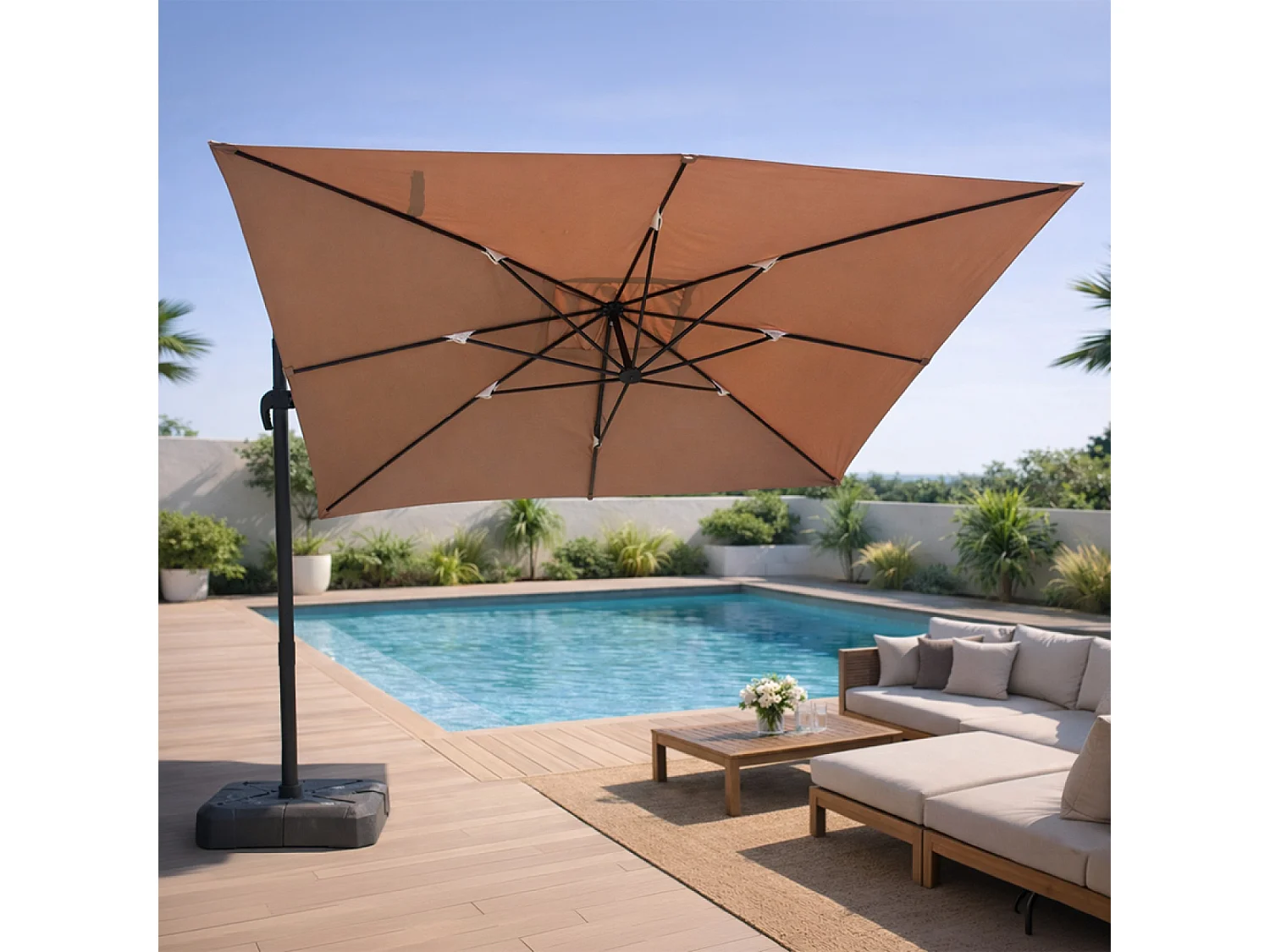 Parasol rectangulaire 3x4m déporté rotatif taupe en aluminium CESARE
