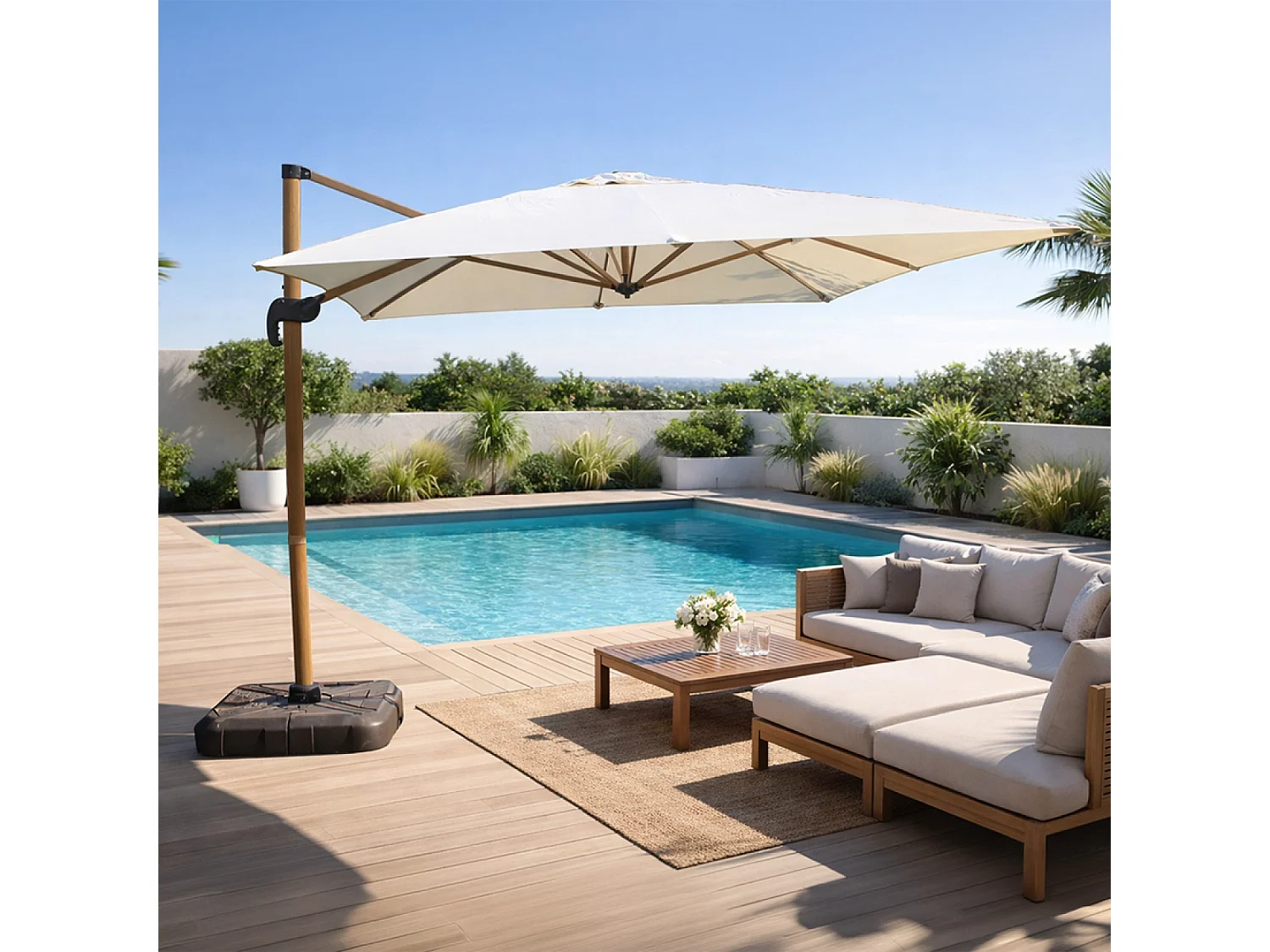 Parasol rectangulaire 3x4m déporté rotatif écru pied effet bois en aluminium CESARE