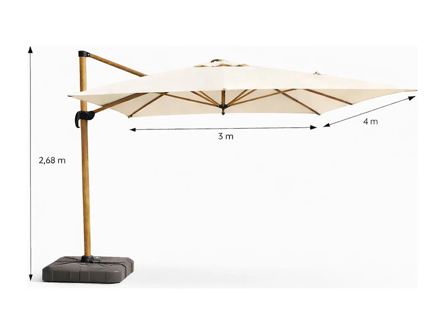 Parasol rectangulaire 3x4m déporté rotatif écru pied effet bois en aluminium CESARE