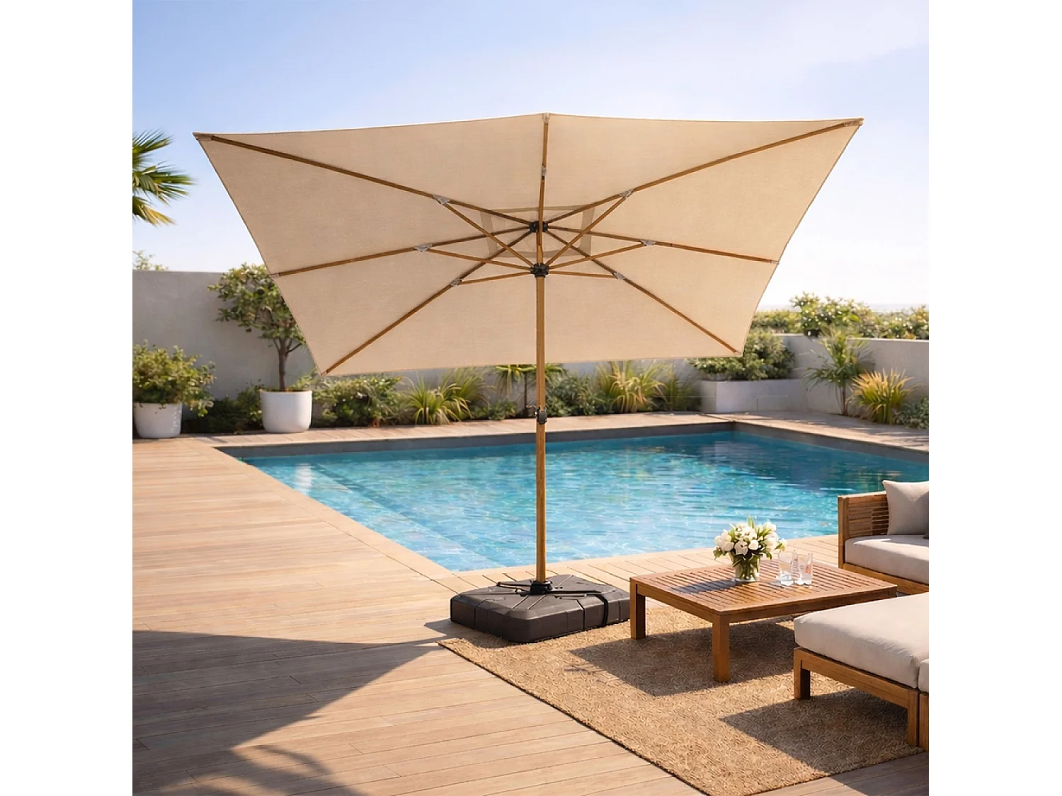 Parasol rectangulaire 3x4m déporté rotatif écru pied effet bois en aluminium CESARE