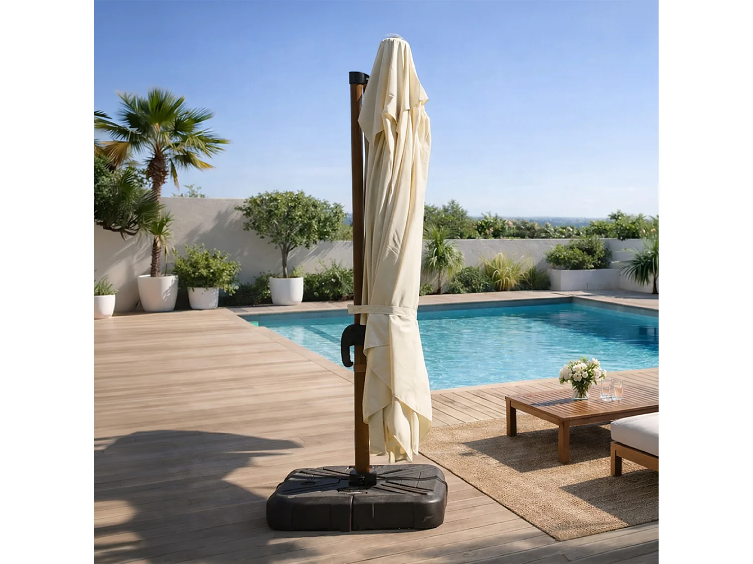 Parasol rectangulaire 3x4m déporté rotatif écru pied effet bois en aluminium CESARE