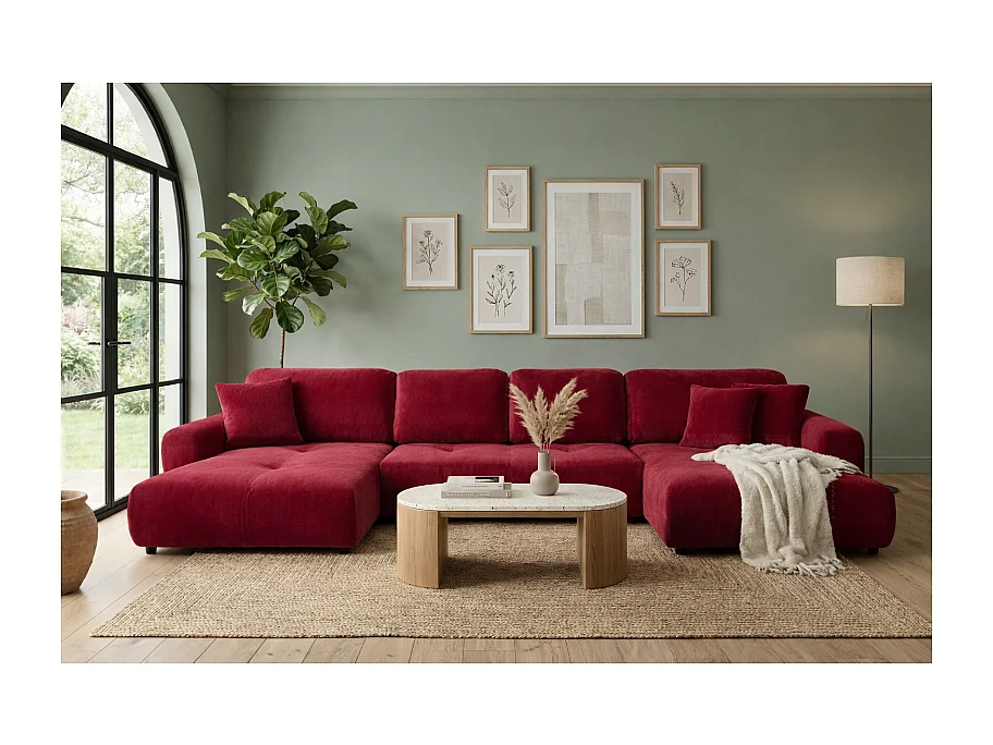 Canapé d’angle panoramique convertible Binigia U XL 6 places – Tissu velours - 380 cm