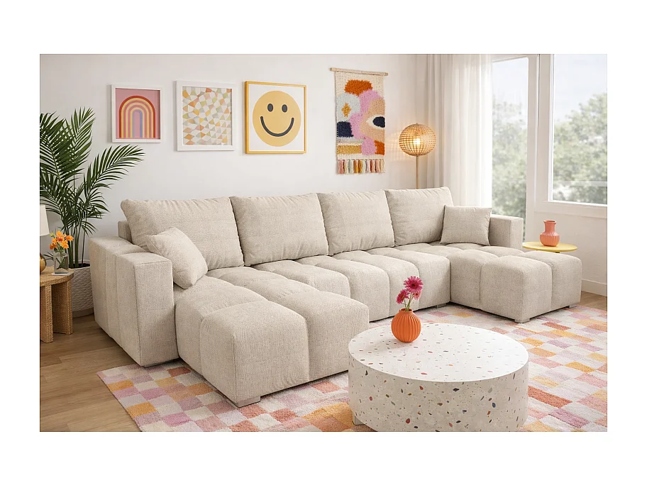 Canapé panoramique convertible COLINIO tissu anti-tâche - 6 places - 325 cm