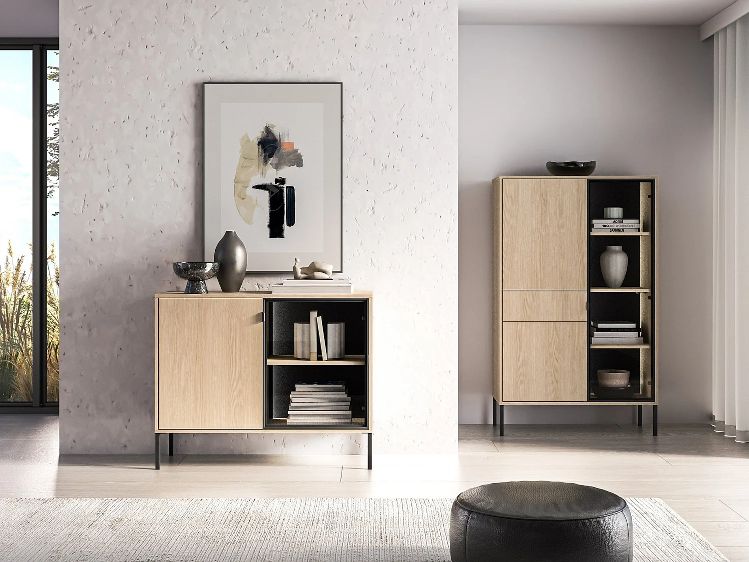 Buffet 2 portes avec LED – chêne – 107 cm – BARNEE