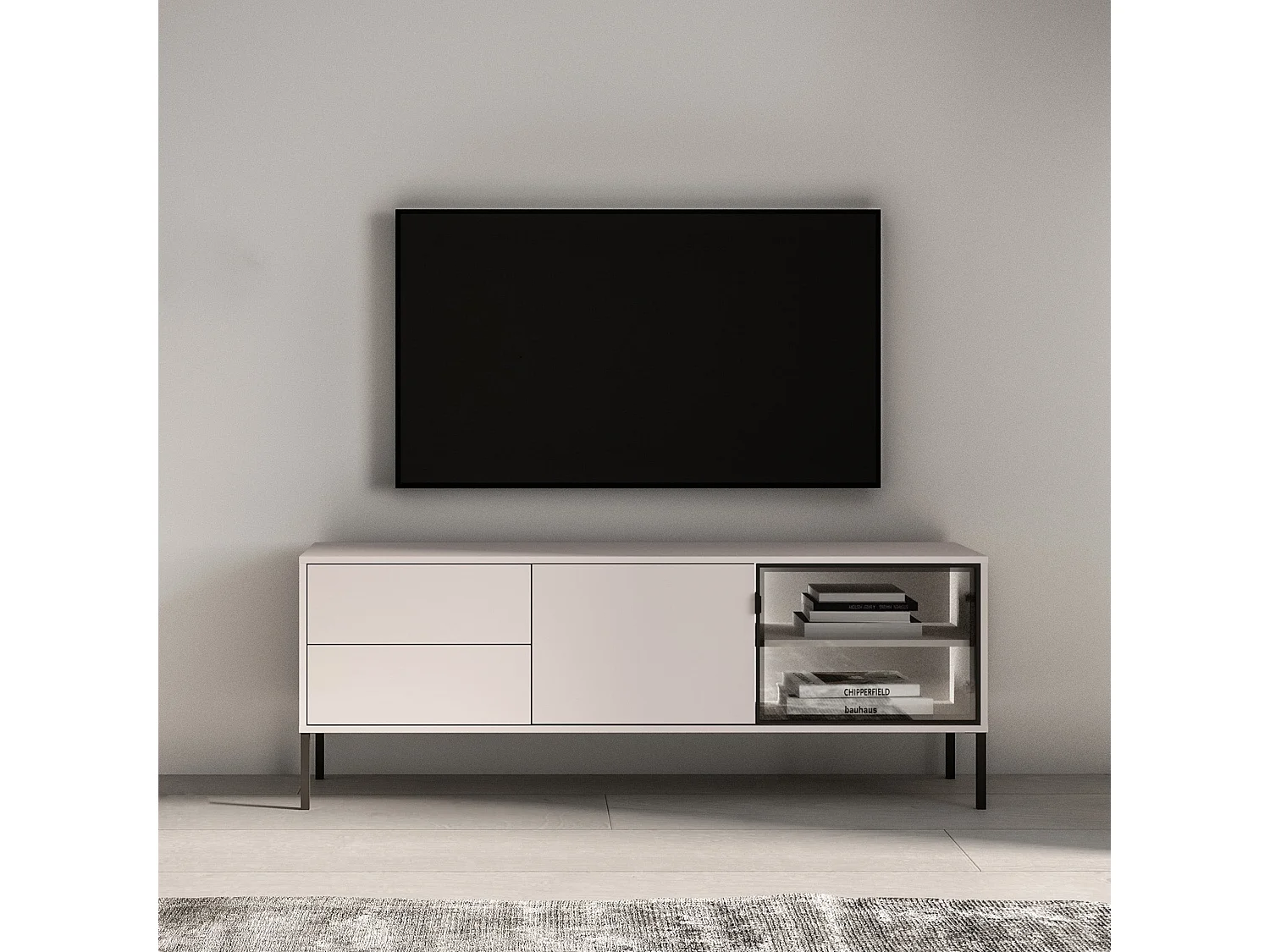 TV-Lowboard mit beleuchteter Glasvitrine - Kaschmirgrau - 160 cm