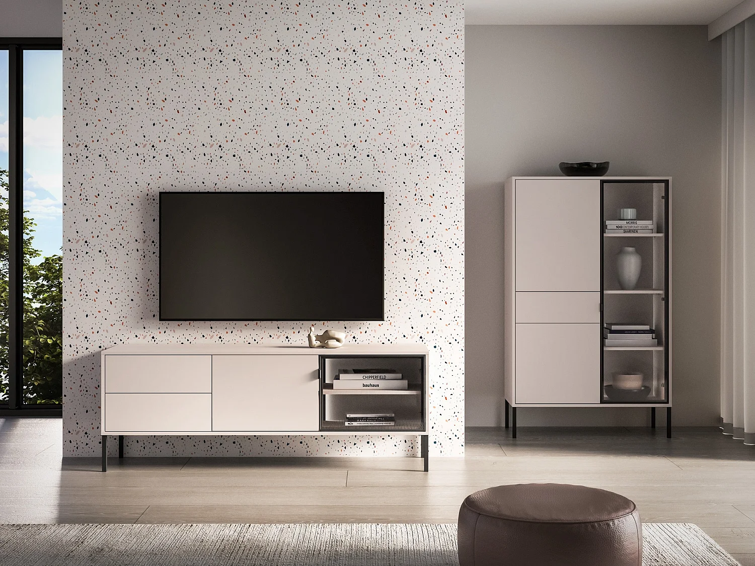 TV-Lowboard mit beleuchteter Glasvitrine - Kaschmirgrau - 160 cm