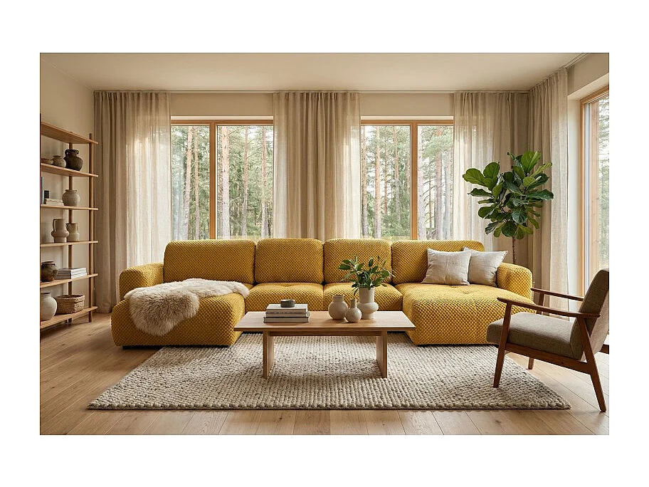 Canapé d’angle panoramique convertible Binigia U XL 6 places – Tissu POP effet 3D - 380 cm