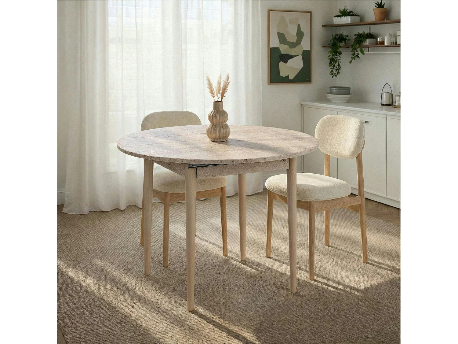 Table ronde extensible effet travertin et bois 100-131 cm MARFA