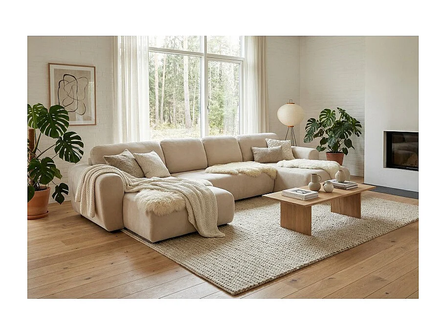 Canapé d’angle panoramique convertible Binigia U XL 6 places – Tissu velours - 380 cm