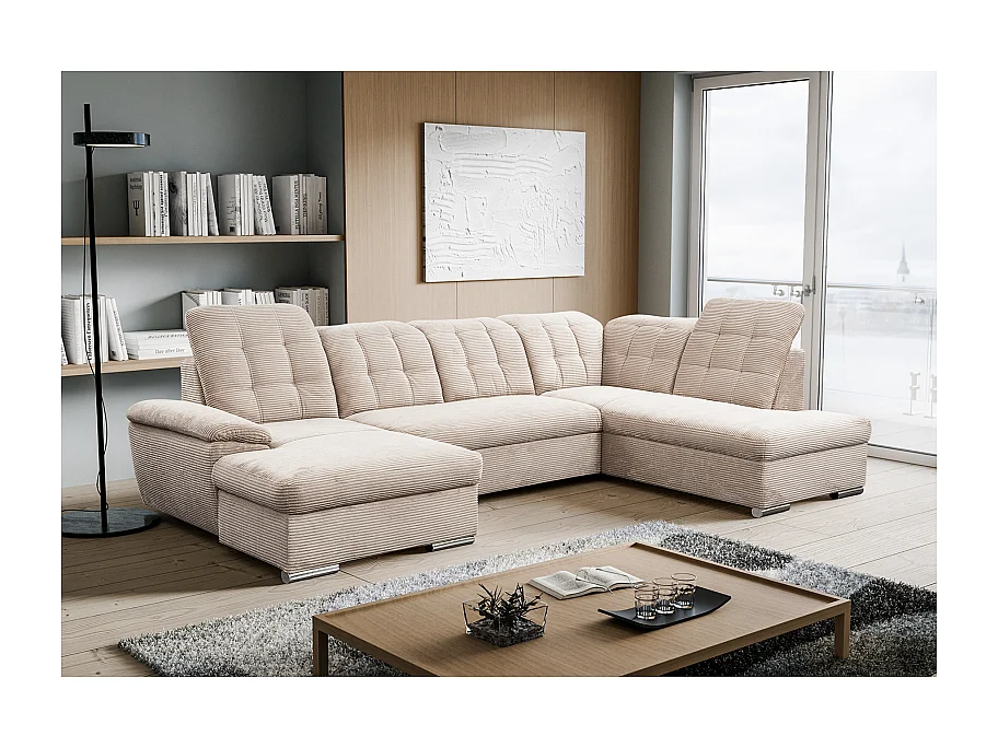 Canapé d’angle panoramique ATLANTIO lit et coffre de rangement - velours côtelé