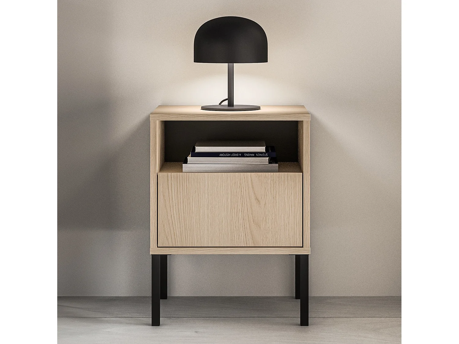 Nachttisch 1 Schublade mit offenem Fach - Eichenholzoptik - 40 cm - BARNEE