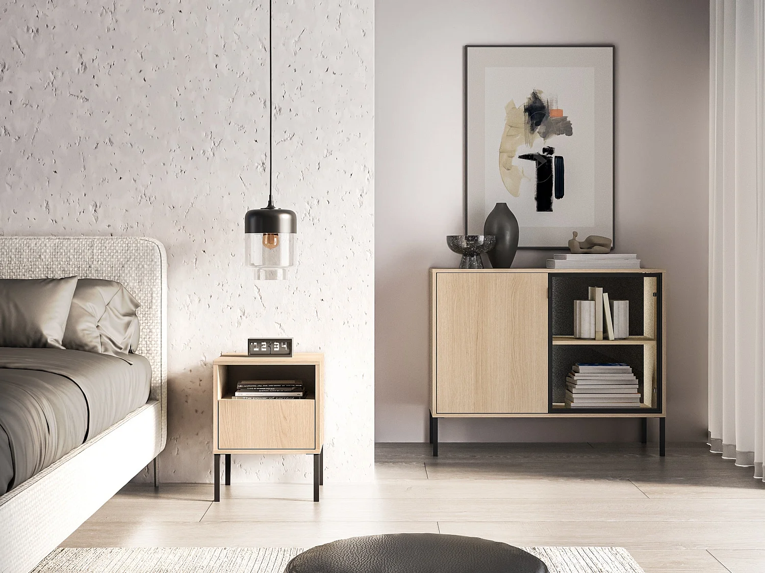 Nachttisch 1 Schublade mit offenem Fach - Eichenholzoptik - 40 cm - BARNEE