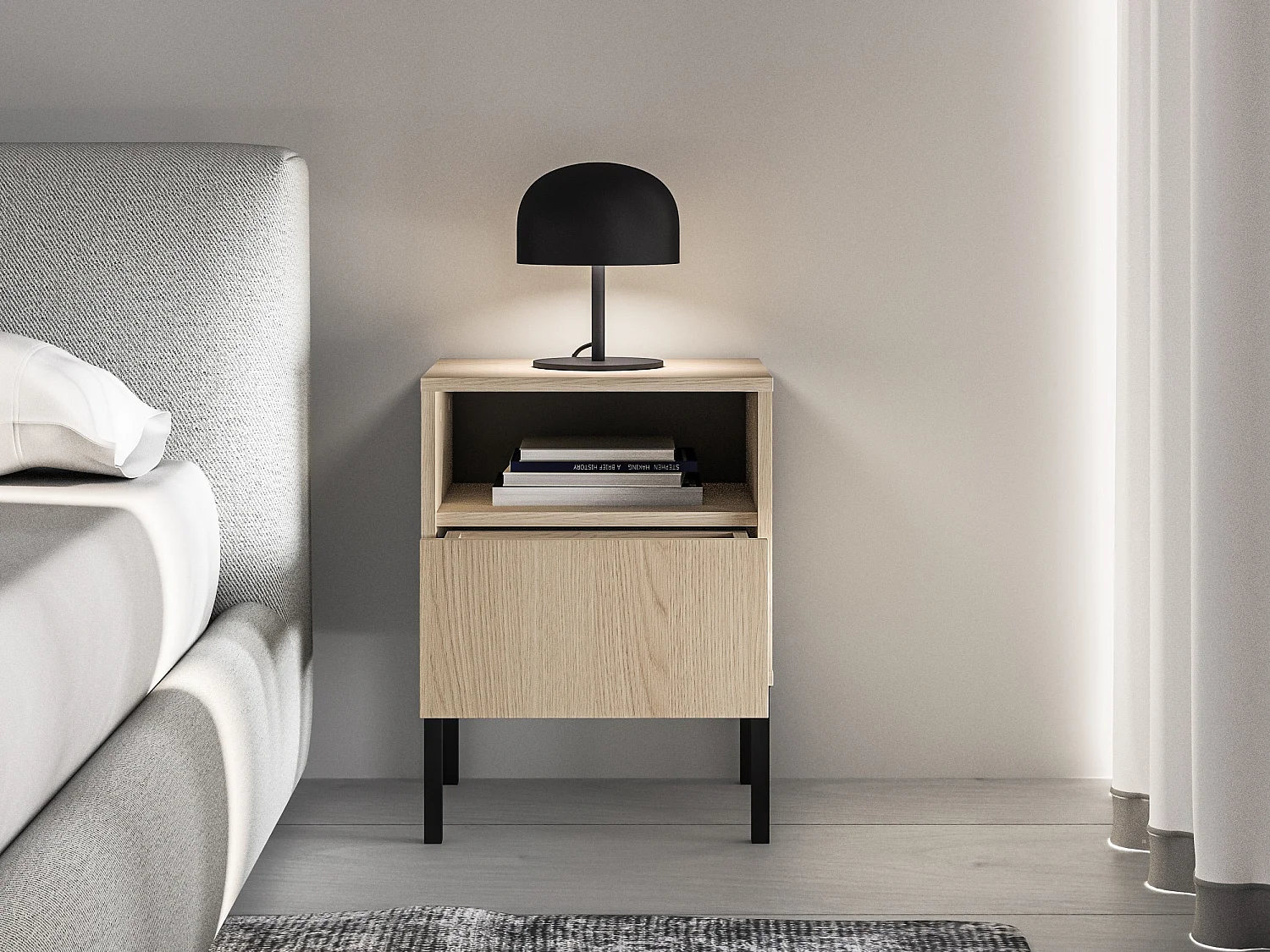 Nachttisch 1 Schublade mit offenem Fach - Eichenholzoptik - 40 cm - BARNEE