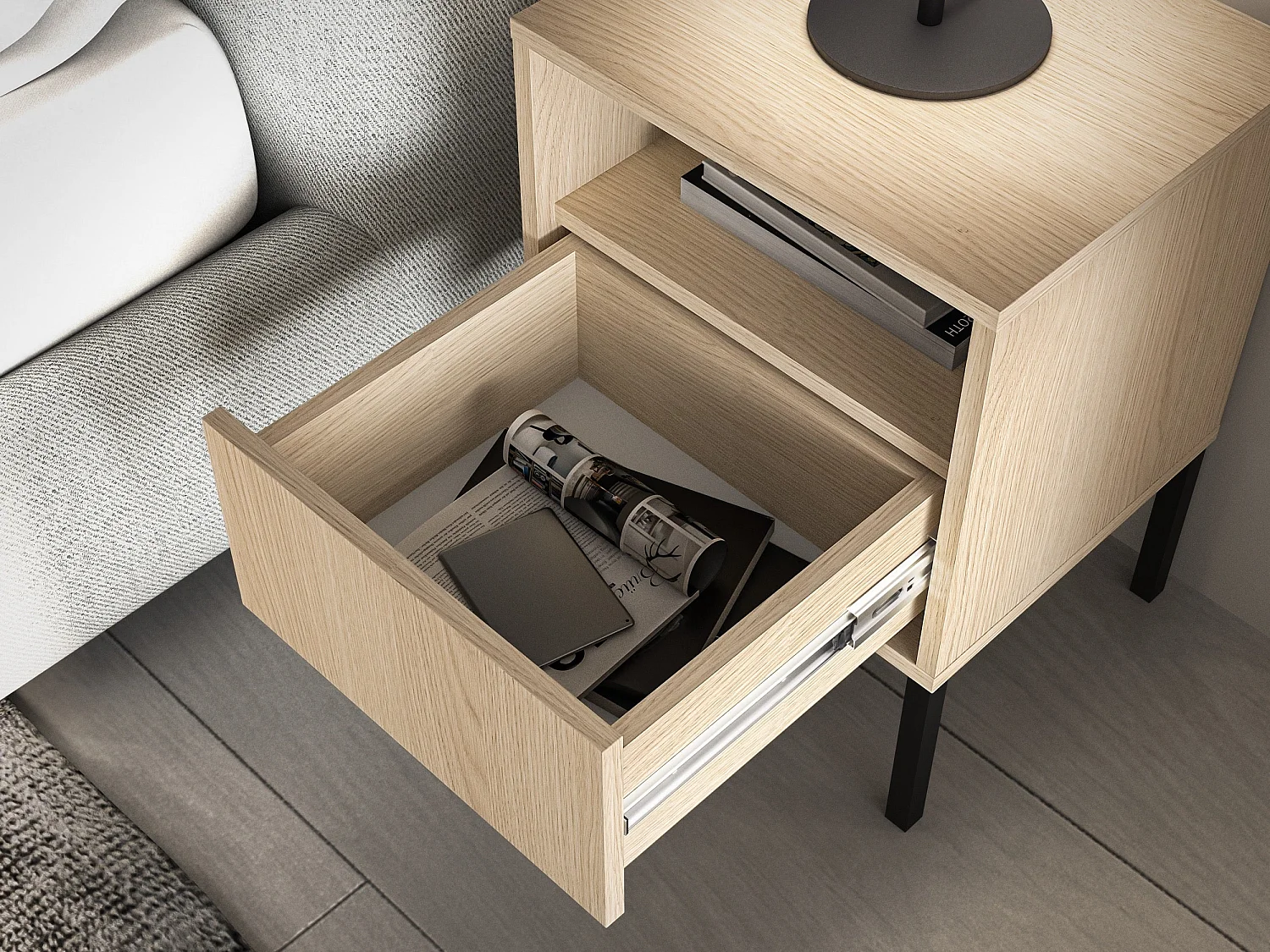 Nachttisch 1 Schublade mit offenem Fach - Eichenholzoptik - 40 cm - BARNEE