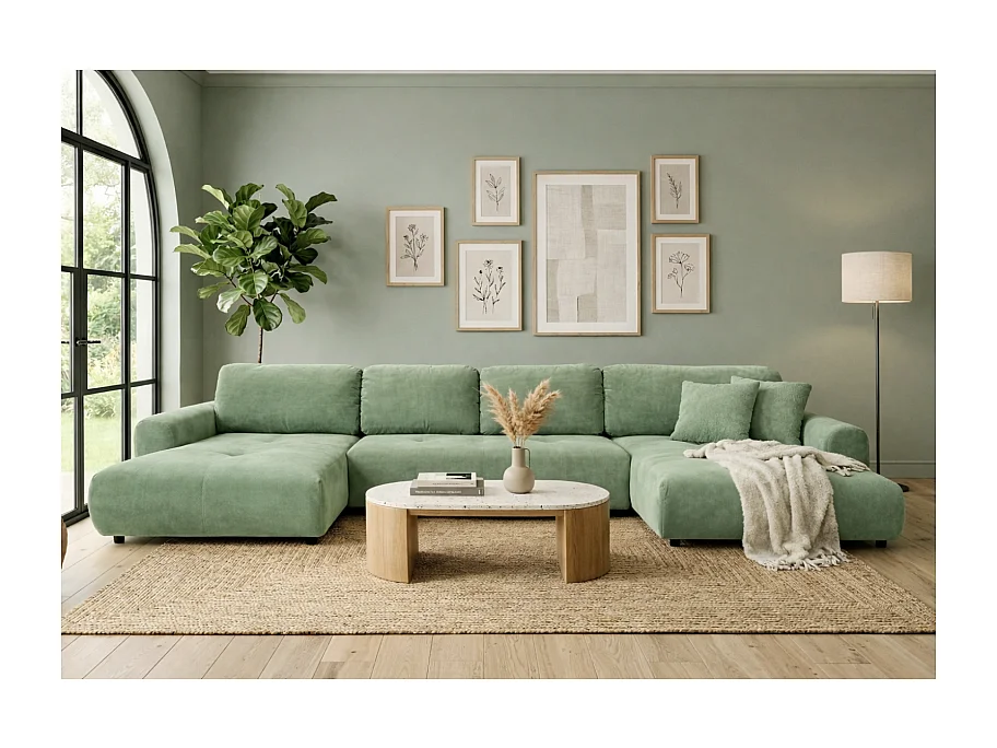 Canapé d’angle panoramique convertible Binigia U XL 6 places – Tissu velours - 380 cm