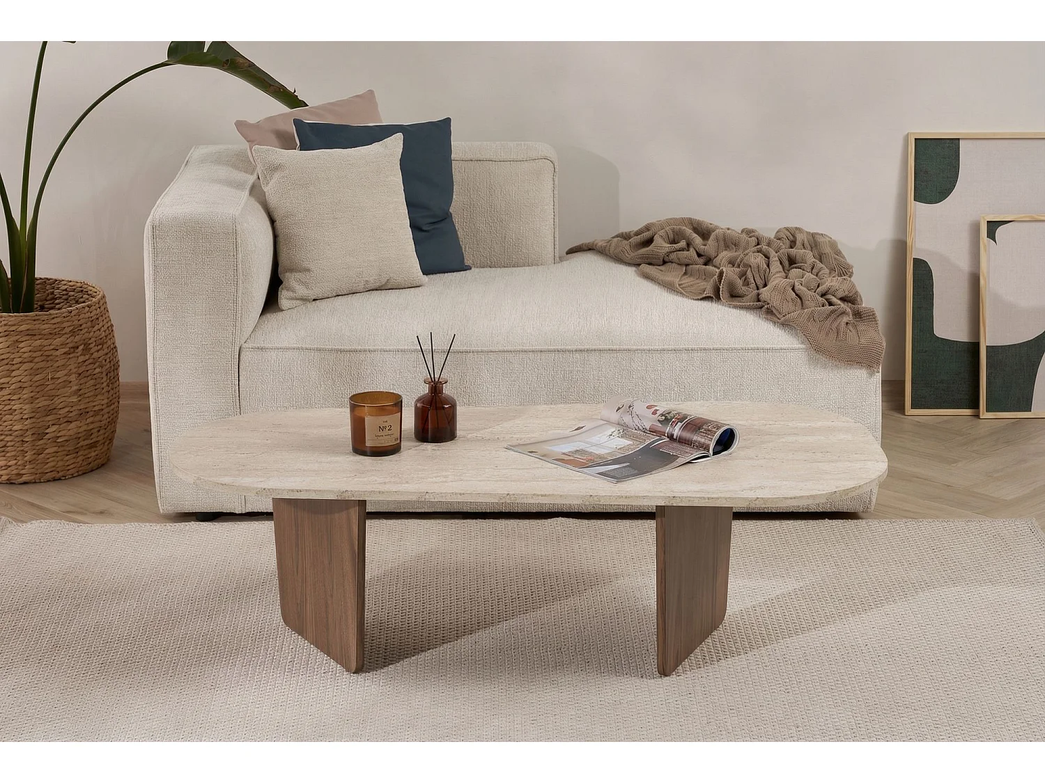 Table Basse en bois "Ovalis" - 130 x 65 x 40 cm - Travertin / Noyer