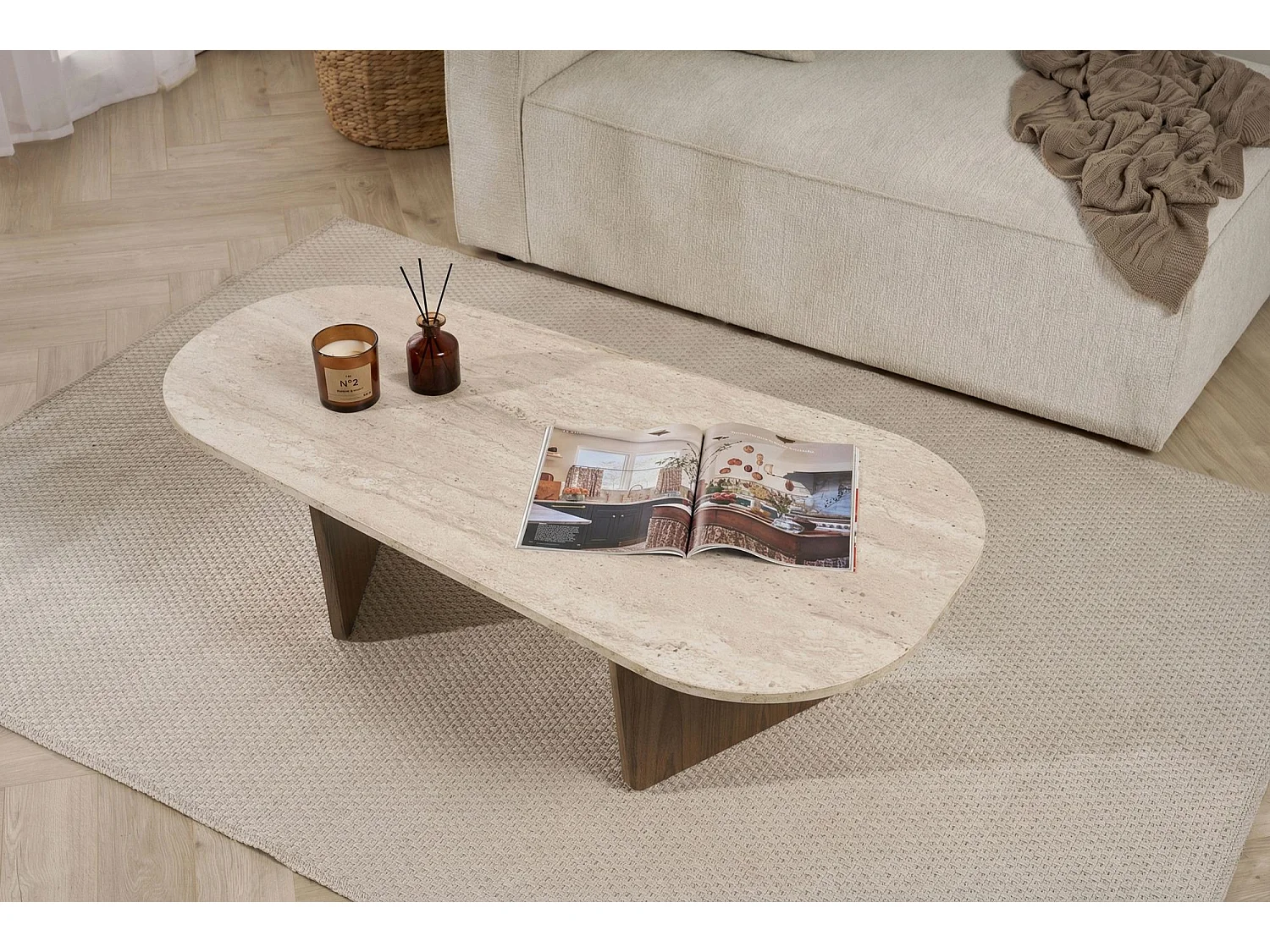 Table Basse en bois "Ovalis" - 130 x 65 x 40 cm - Travertin / Noyer