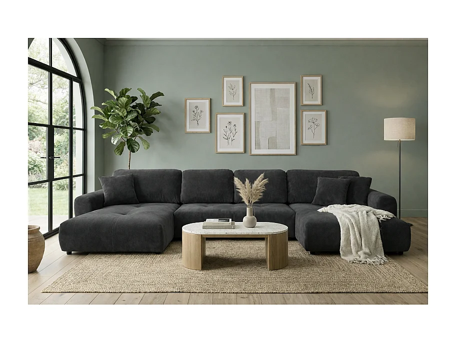 Canapé d’angle panoramique convertible Binigia U XL 6 places – Tissu velours - 380 cm