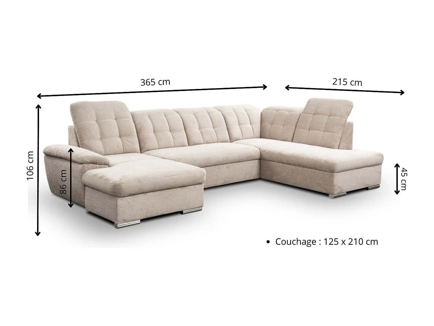 Canapé d’angle panoramique ATLANTIO lit et coffre de rangement - velours côtelé