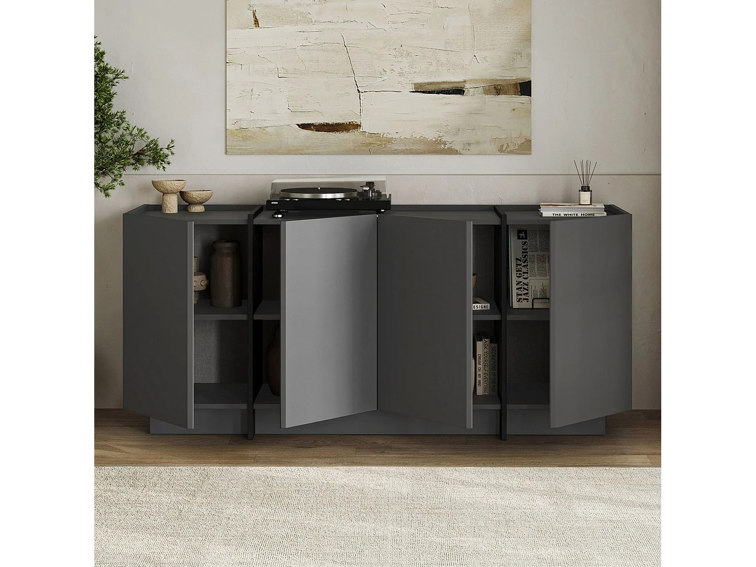 Modern Antraciet/Zwart Houten Buffet "Dorma" - 180 x 45 x 80 cm - Soft-Close Scharnieren