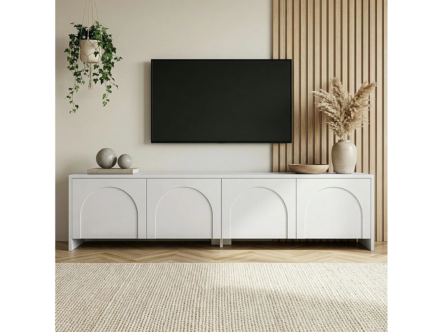 Moderne witte tv-kast "Aurelia" 180x32x45 cm van melaminehout met 2 opbergdeuren