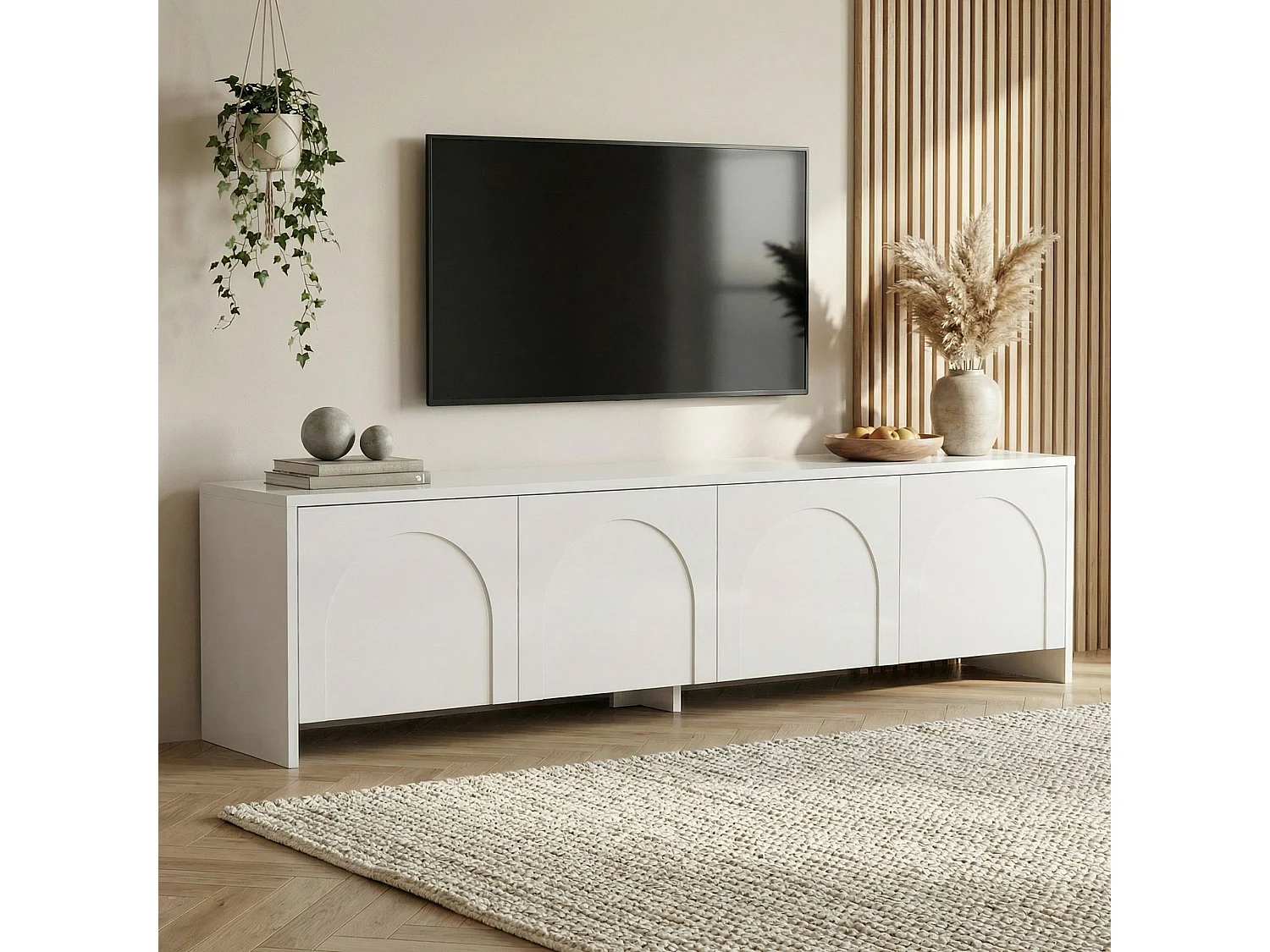 Moderne witte tv-kast "Aurelia" 180x32x45 cm van melaminehout met 2 opbergdeuren