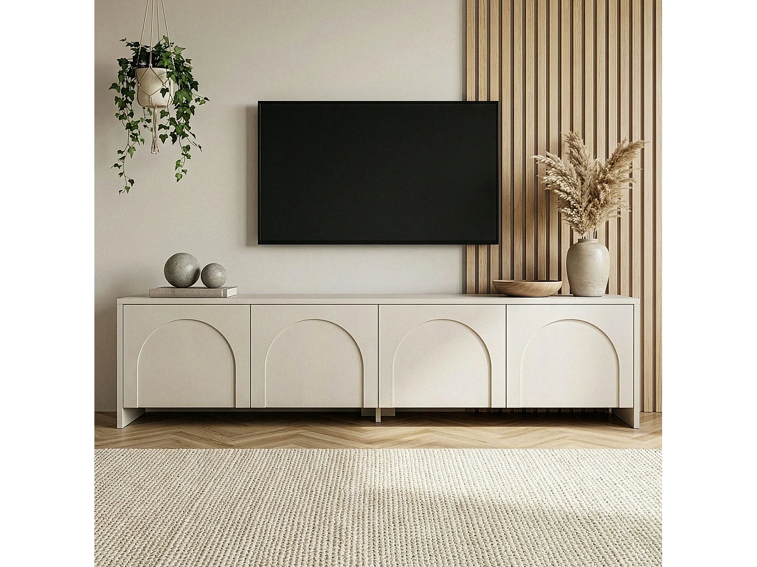 TV-meubel van crème hout "Aurelia" 180x32x45 cm, Scandinavisch design, 2 deuren, melamine afwerking