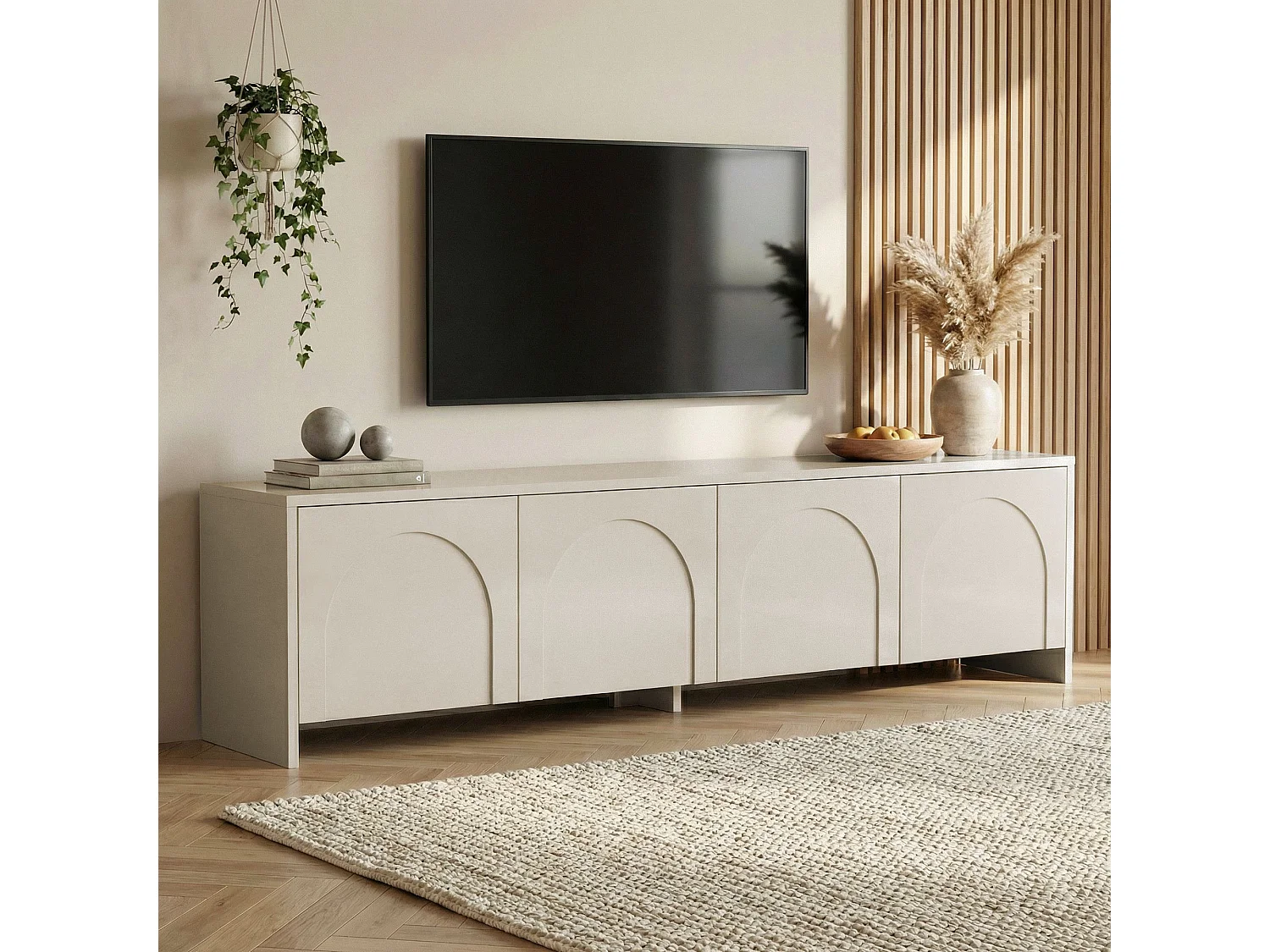 TV-meubel van crème hout "Aurelia" 180x32x45 cm, Scandinavisch design, 2 deuren, melamine afwerking