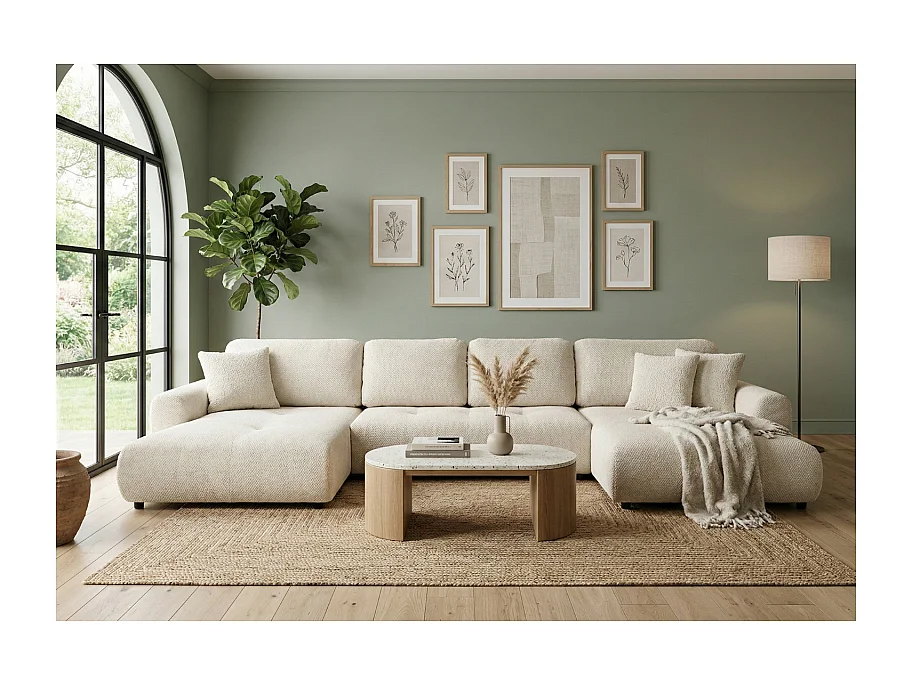 Canapé d’angle panoramique convertible Binigia U XL 6 places – Tissu POP effet 3D - 380 cm