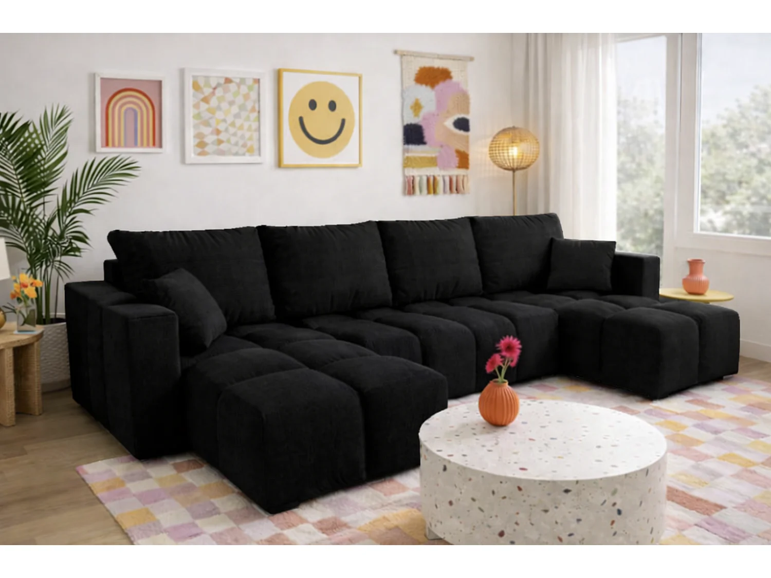 Canapé panoramique convertible COLINIO tissu anti-tâche - 6 places - 325 cm