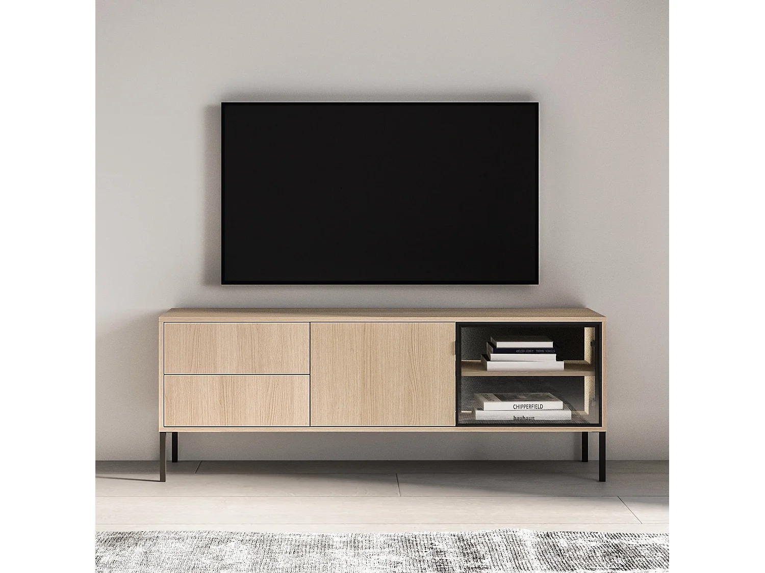 TV-Lowboard mit beleuchteter Glasvitrine - Eichenholzoptik - 160 cm