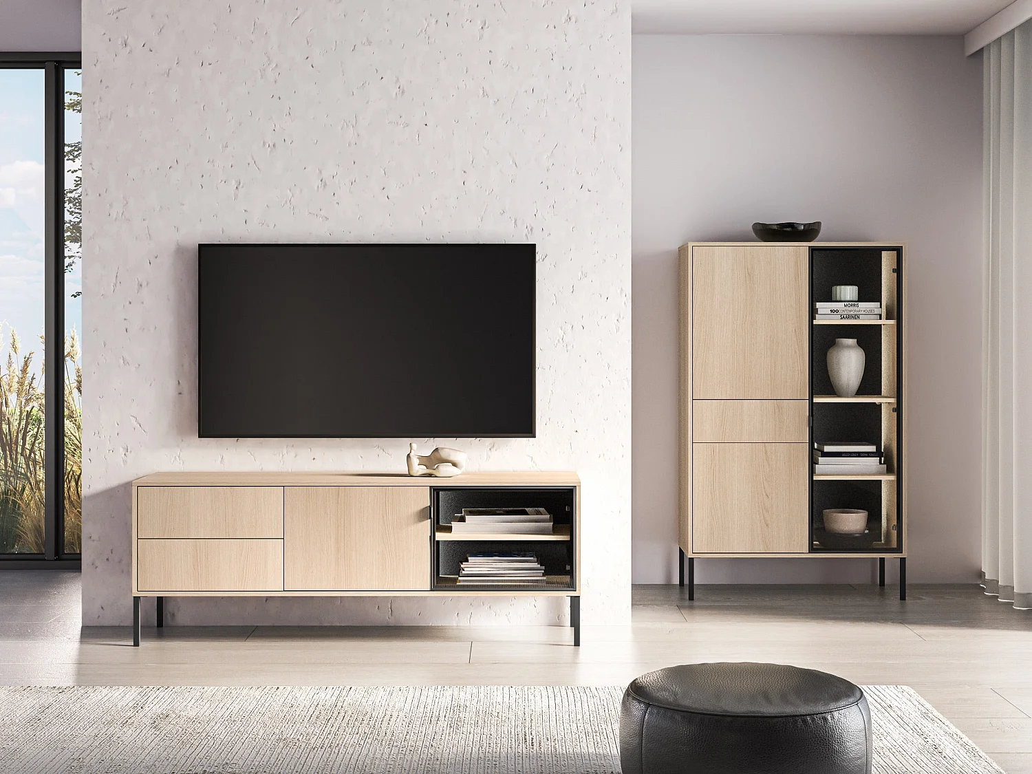 TV-Lowboard mit beleuchteter Glasvitrine - Eichenholzoptik - 160 cm