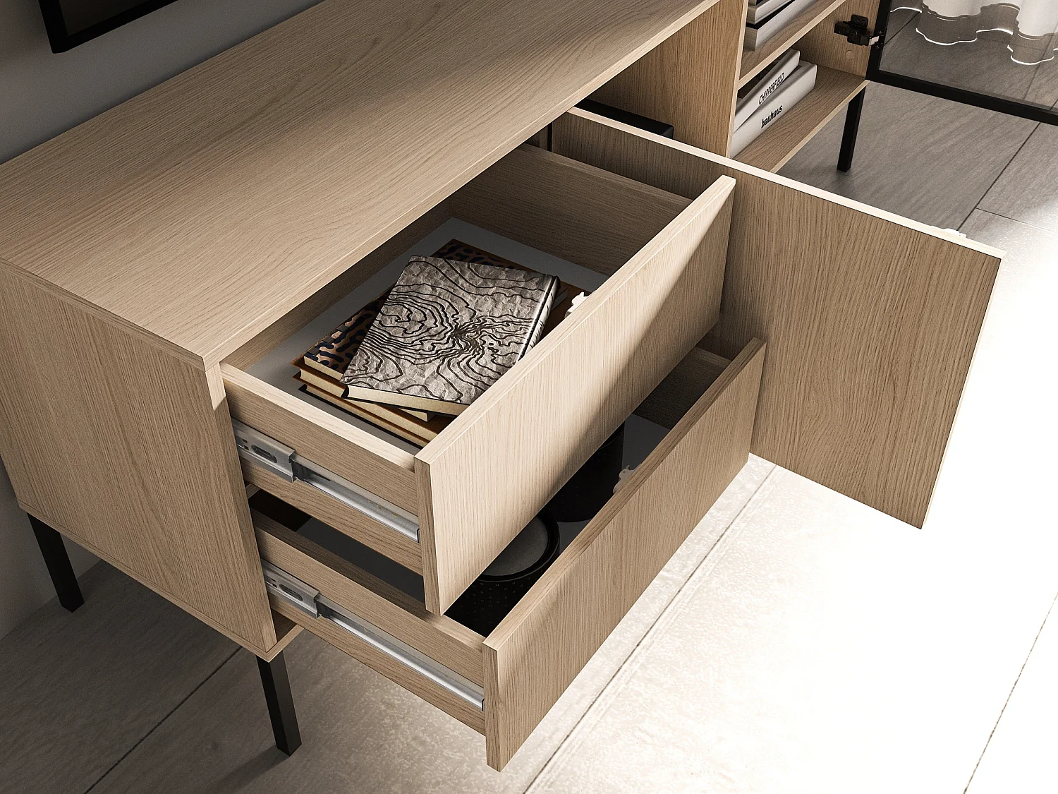 TV-Lowboard mit beleuchteter Glasvitrine - Eichenholzoptik - 160 cm