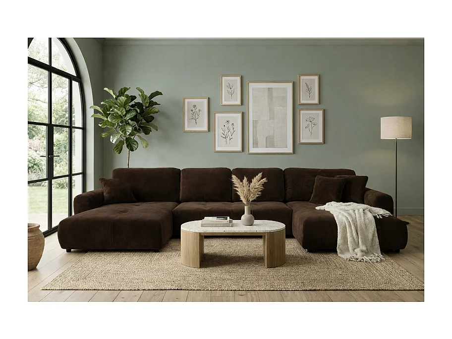 Canapé d’angle panoramique convertible Binigia U XL 6 places – Tissu velours - 380 cm