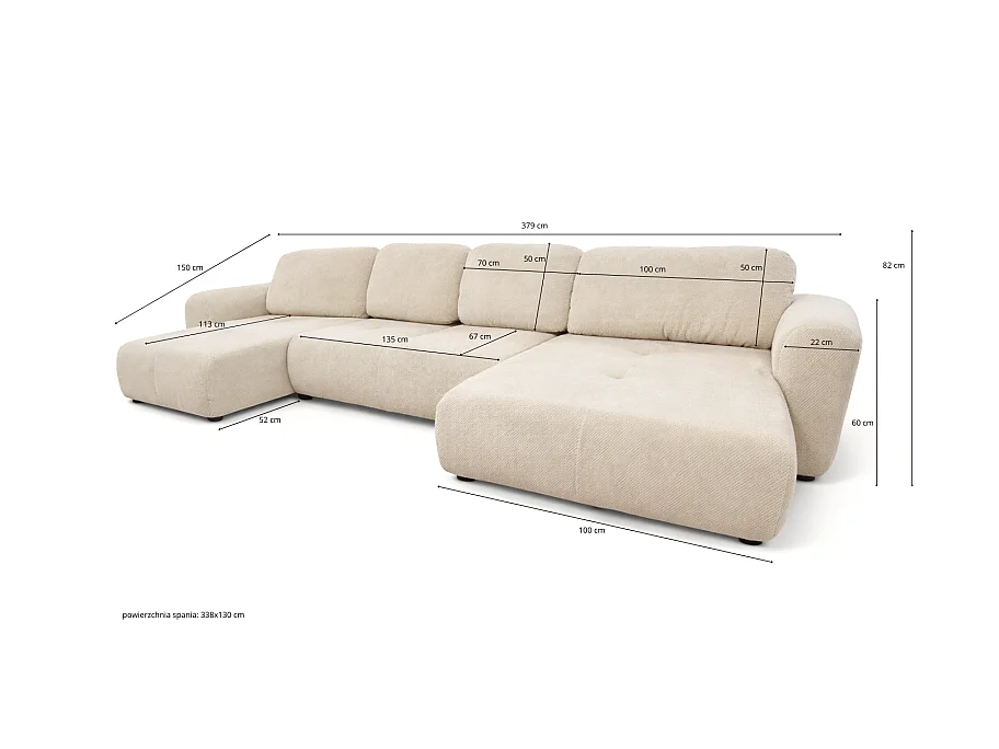 Canapé d’angle panoramique convertible Binigia U XL 6 places – Tissu velours - 380 cm