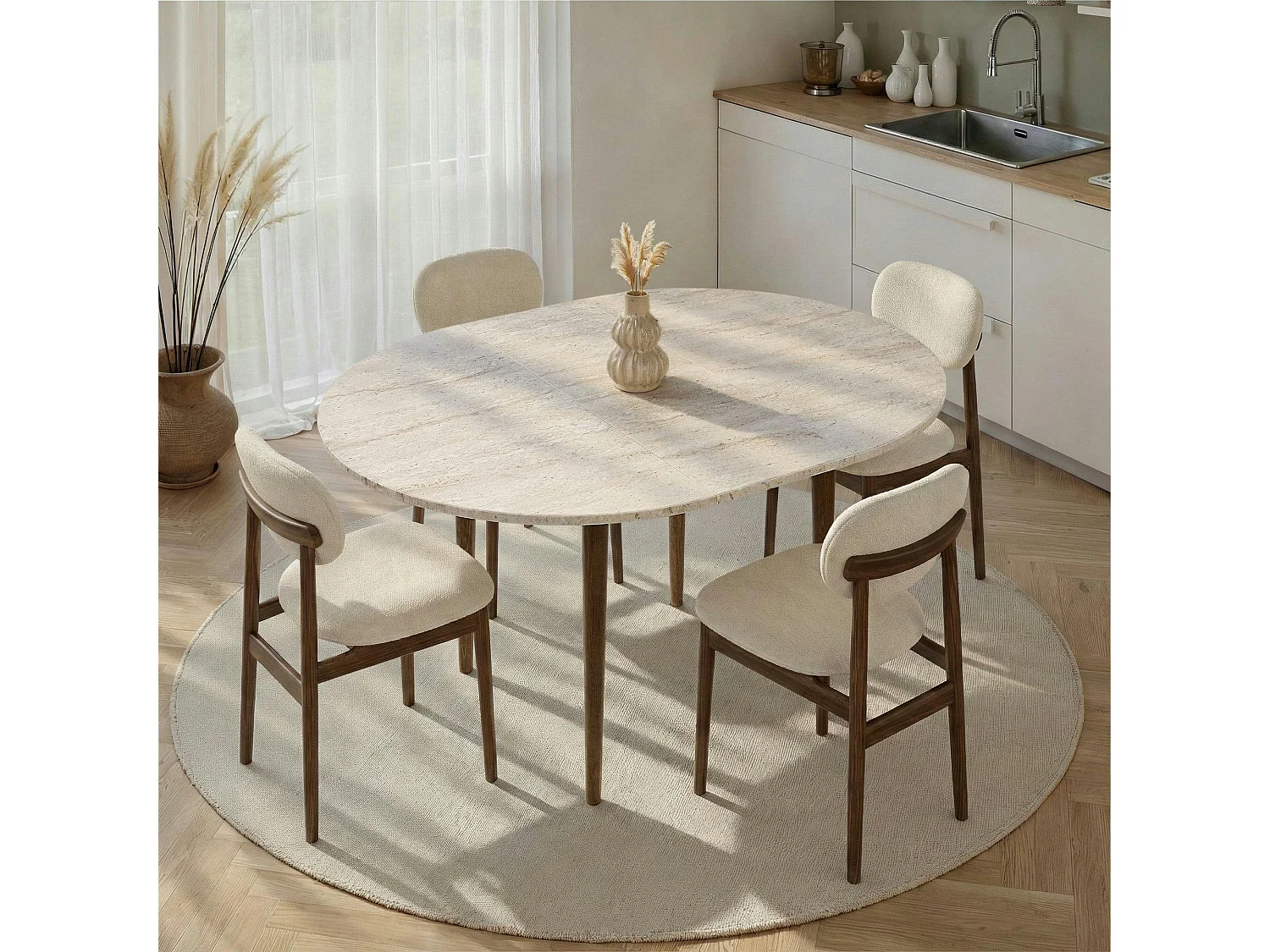 Table ronde extensible effet travertin et noyer 100-131 cm MARFA