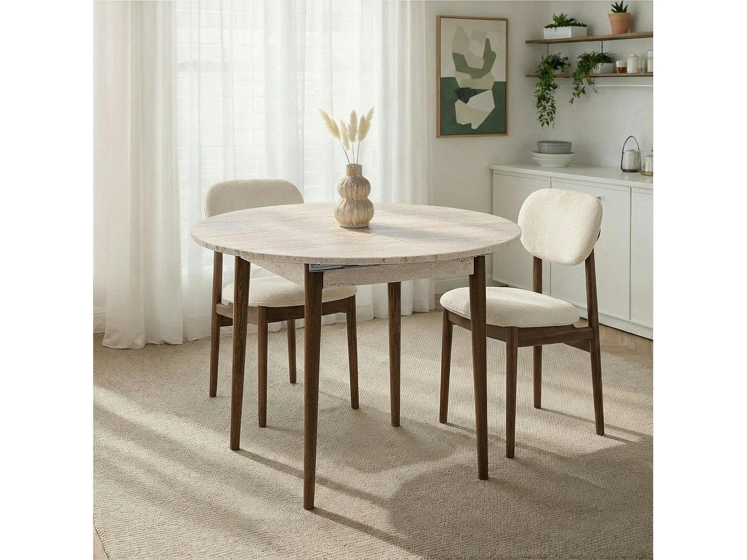 Table ronde extensible effet travertin et noyer 100-131 cm MARFA