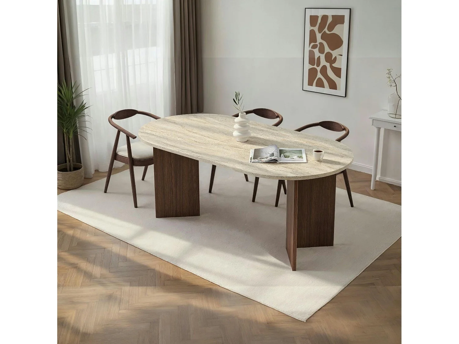 Table ovale effet travertin et bois foncé 180 cm MARFA