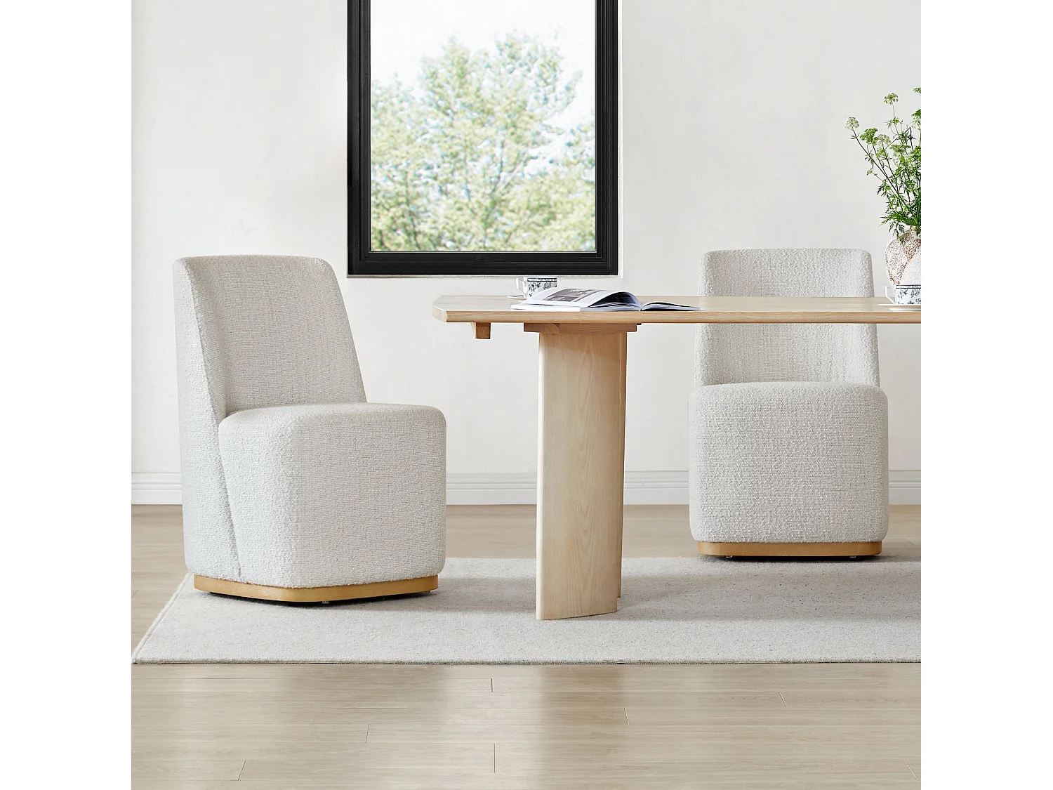Lot De 4 Chaises De Salle À Manger Rembourrées À Roulettes, En Tissu Certifié FSC, Fausse Angora Pour Salle De Lecture, Salle D'Attente, Cuisine-Blanc