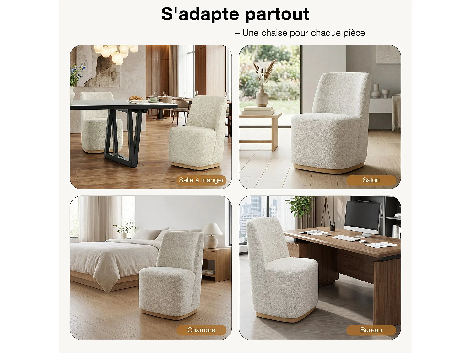 Lot De 4 Chaises De Salle À Manger Rembourrées À Roulettes, En Tissu Certifié FSC, Fausse Angora Pour Salle De Lecture, Salle D'Attente, Cuisine-Blanc