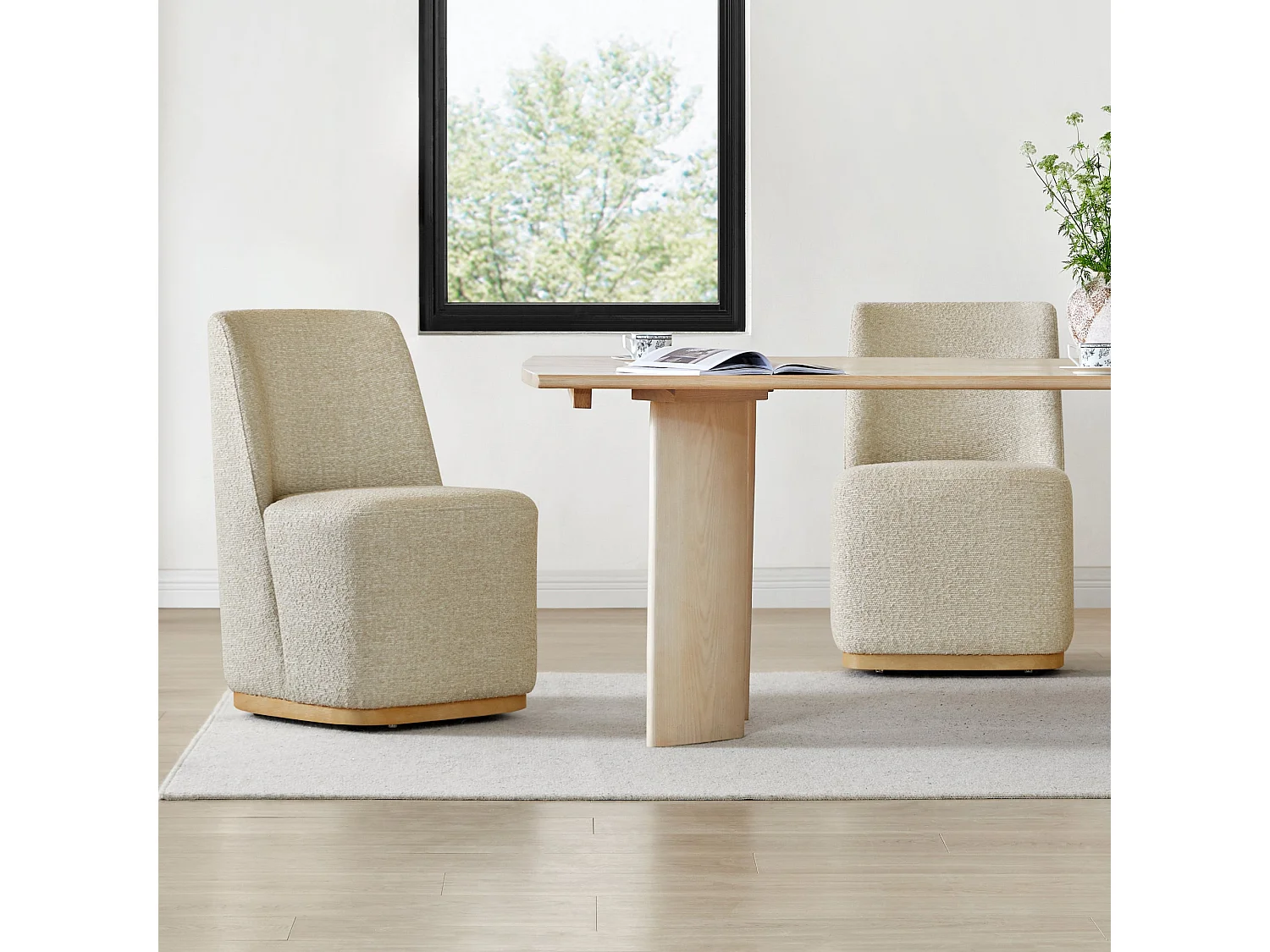 Lot De 4 Chaises De Salle À Manger Rembourrées À Roulettes, En Tissu Certifié FSC, Fausse Angora Pour Salle De Lecture, Salle D'Attente, Cuisine-Beige