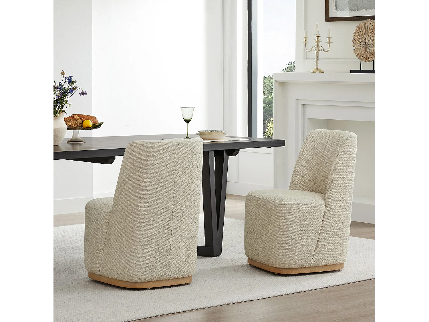 Lot De 4 Chaises De Salle À Manger Rembourrées À Roulettes, En Tissu Certifié FSC, Fausse Angora Pour Salle De Lecture, Salle D'Attente, Cuisine-Beige