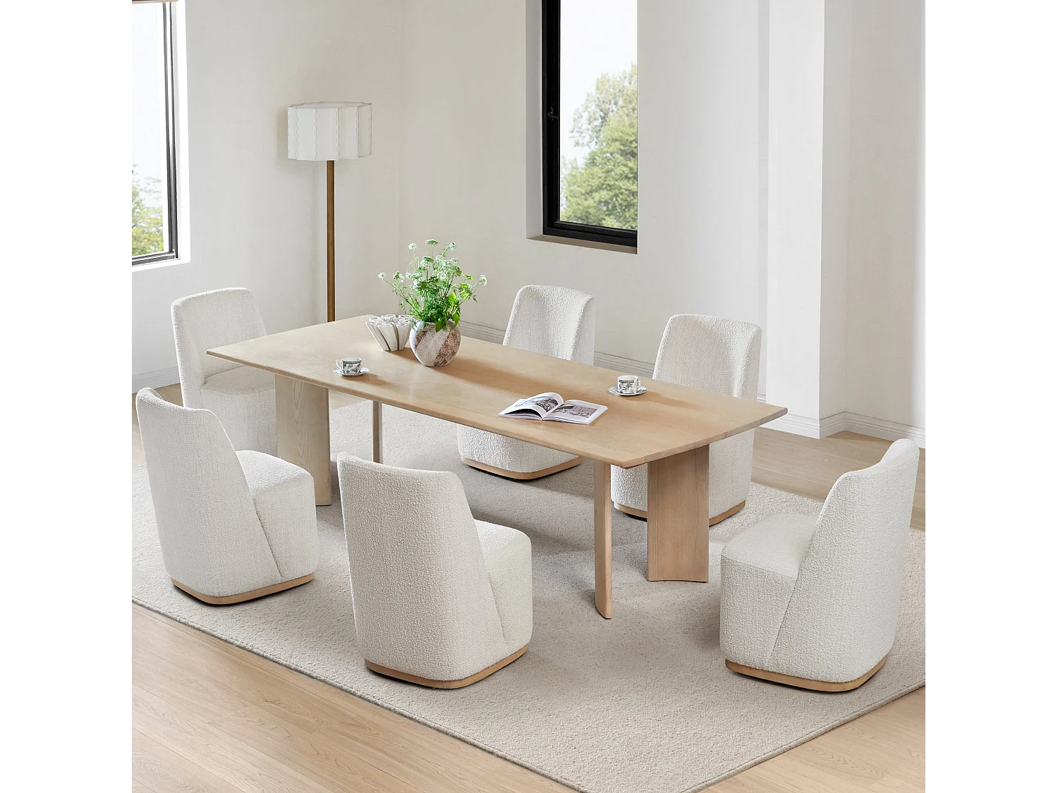 Lot De 6 Chaises De Salle À Manger Rembourrées À Roulettes,En Tissu Certifié FSC, Fausse Angora Pour Salle De Lecture, Salle D'Attente, Cuisine-Blanc