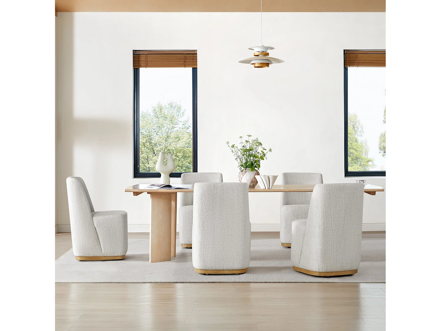Lot De 6 Chaises De Salle À Manger Rembourrées À Roulettes,En Tissu Certifié FSC, Fausse Angora Pour Salle De Lecture, Salle D'Attente, Cuisine-Blanc