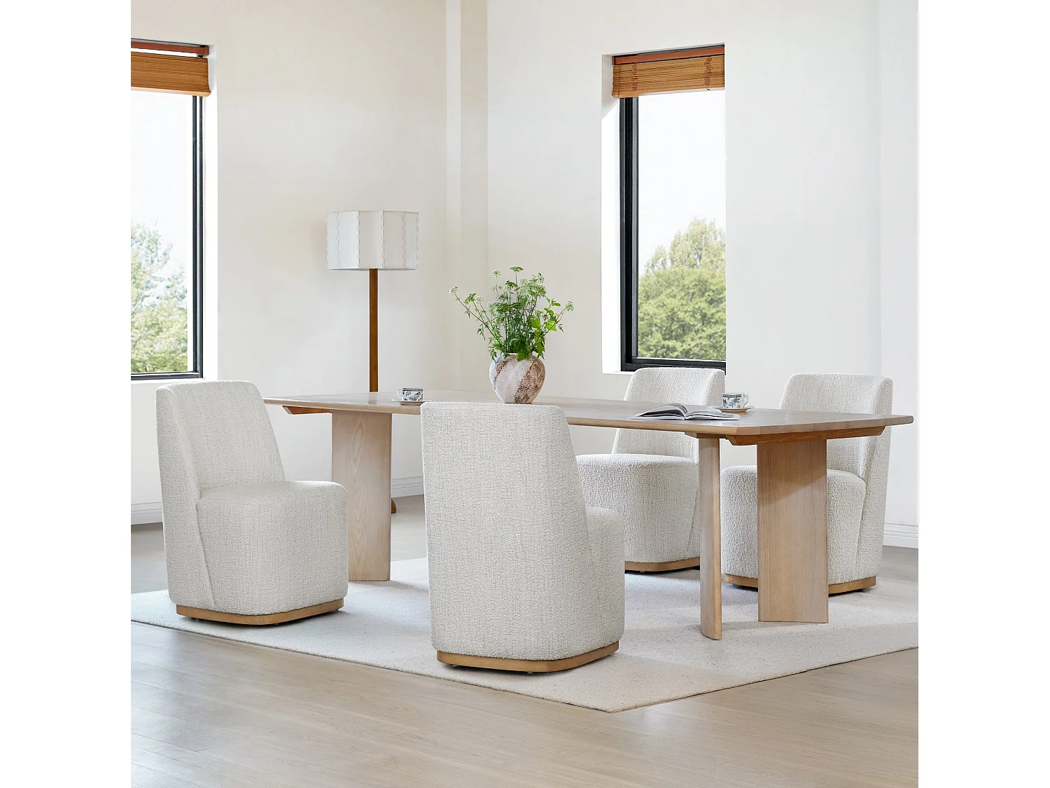 Lot De 6 Chaises De Salle À Manger Rembourrées À Roulettes,En Tissu Certifié FSC, Fausse Angora Pour Salle De Lecture, Salle D'Attente, Cuisine-Blanc