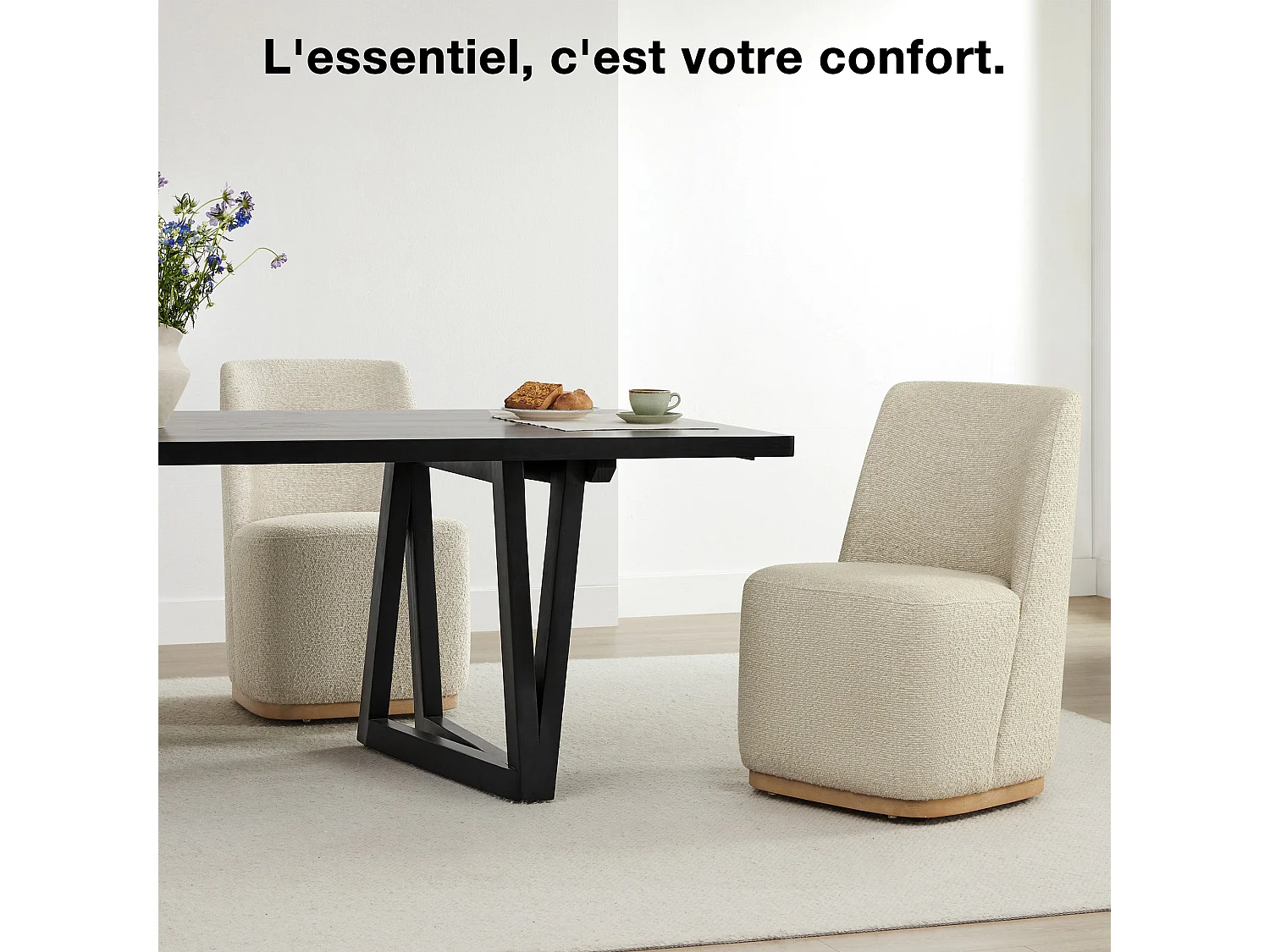 Lot De 2 Chaises De Salle À Manger Rembourrées À Roulettes, En Tissu Certifié FSC, Fausse Angora Pour Salle De Lecture, Salle D'Attente, Cuisine-Blanc cassé
