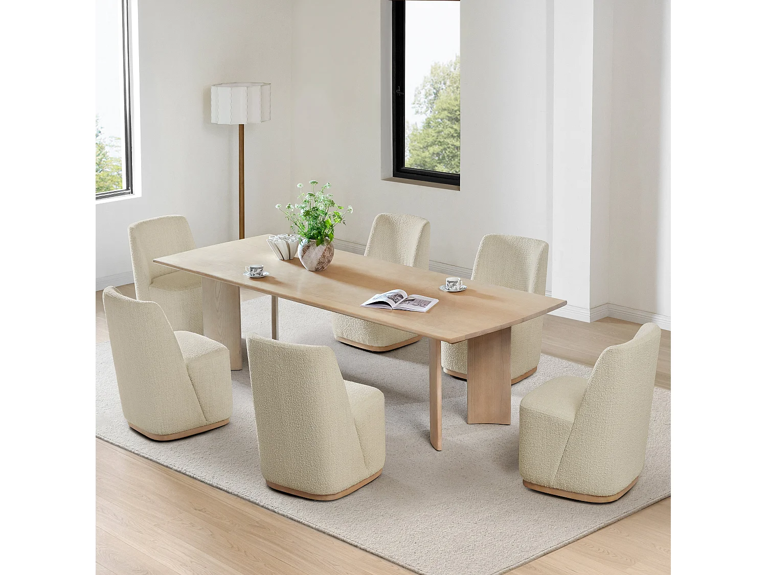 Lot De 2 Chaises De Salle À Manger Rembourrées À Roulettes, En Tissu Certifié FSC, Fausse Angora Pour Salle De Lecture, Salle D'Attente, Cuisine-Blanc cassé