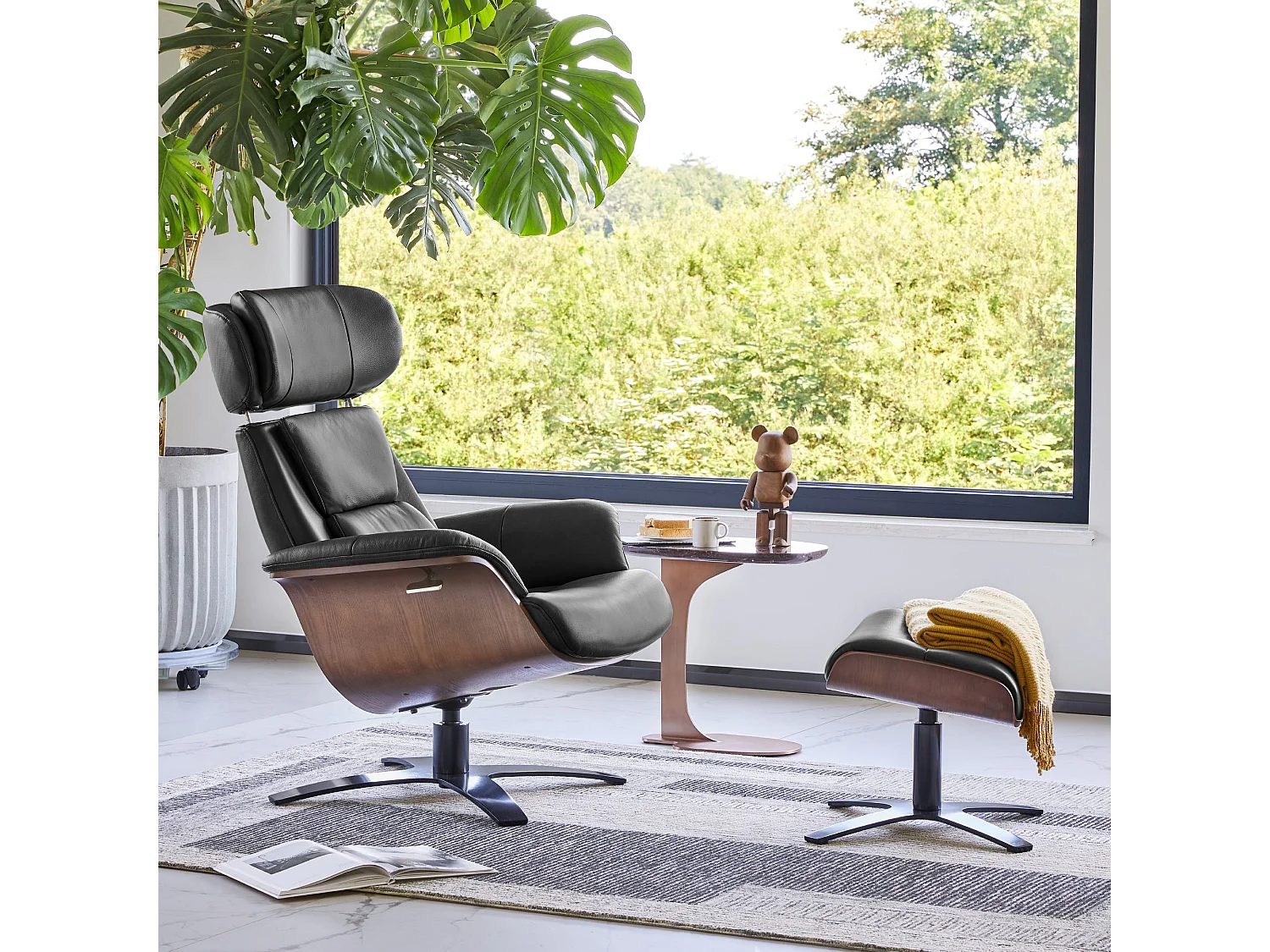 Fauteuil Inclinable Et Pivotant En Cuir Véritable CHITA, Avec Appui-Tête Et Coussin Réglables, Pour Salon, Assise Sellier-Noir